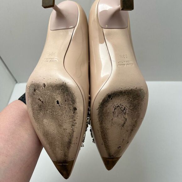 Miu Miu Embellished Patent Leather Tan Pumps Pedestal Kitten Heel Beige Sz 36.5 - Picture 10 of 13